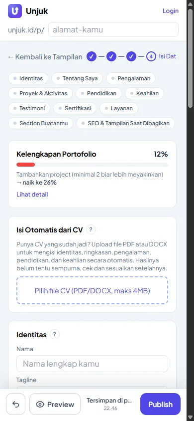 Form identitas dan isi portofolio di Builder Unjuk