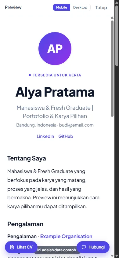 Preview mobile dan tombol publish di Builder Unjuk